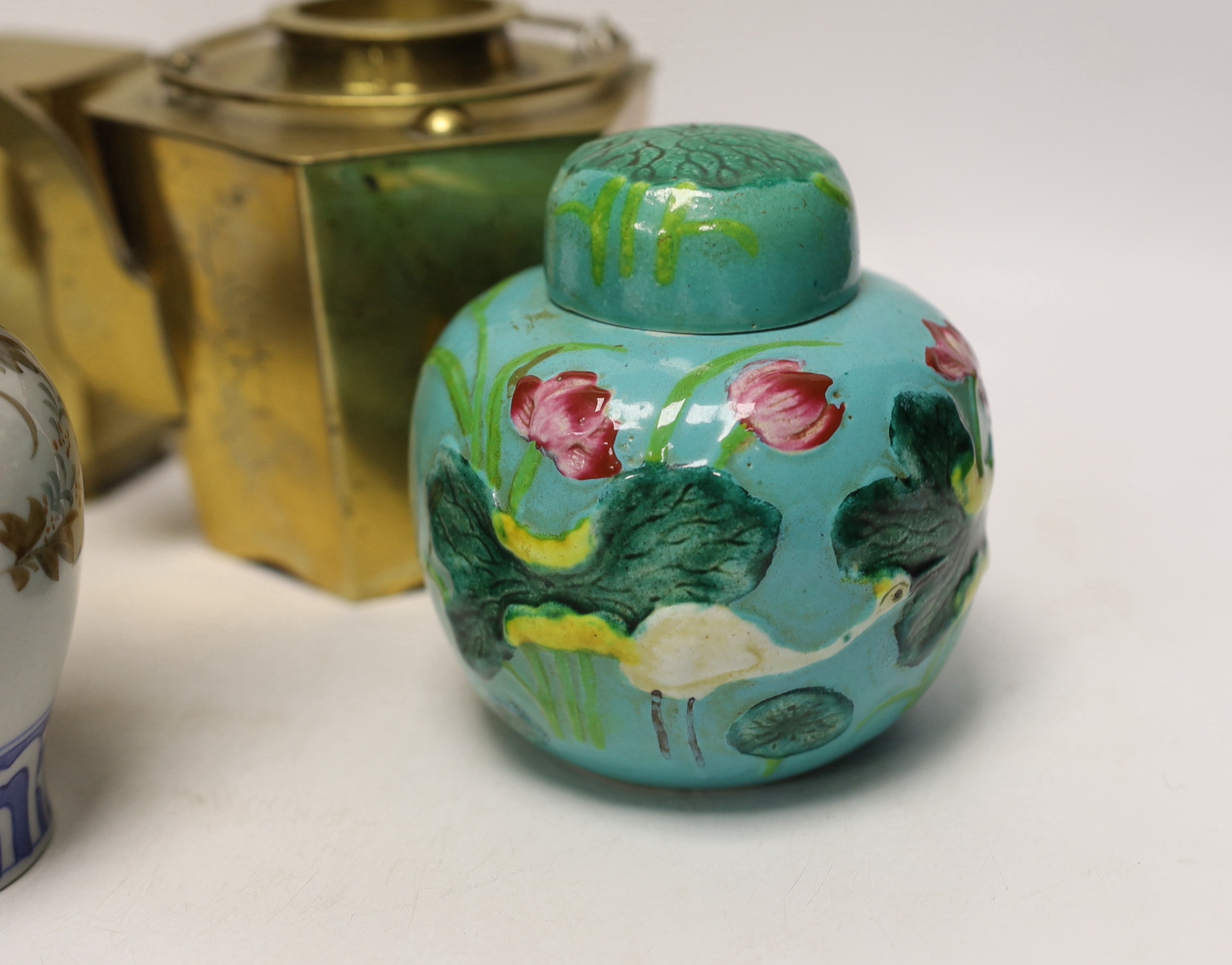 Chinese items including a brass tea caddy and kettle, blue and white porcelain bowls and a Japanese vase